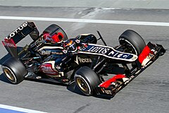 Kimi Raikkonen driving the Lotus E21 during pre-season testing at Catalonia. Kimi Raikkonen 2013 Catalonia test (19-22 Feb) Day 2-1.jpg