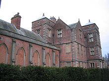 Front of the hall showing the later library extension KiplinHall longshot.jpg