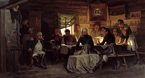 General Kutuzov at the Council of Fili; his best known work. The other participants are identified on the file in Wikimedia Commons