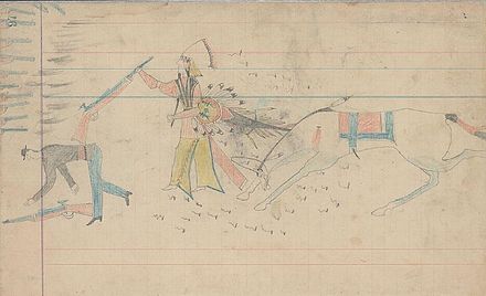 Ledger drawing of an Arapaho warrior with headdress, counting coup with rifle butt on a U.S. soldier.