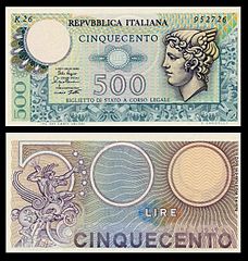 500 Lire – obverse and reverse – printed in 1974