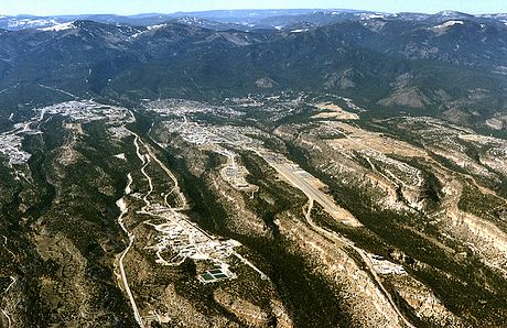 A westward aerial view of Los Alamos