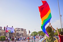 A rainbow flag on 17 May 2019 in Cartagena. M45 - Unides y en movimiento.jpg