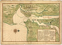 A c. 1639 map, Manatvs gelegen op de Noot Riuier (Manhattan situated on the North River) with the north arrow pointing to the right Manatvs gelegen op de Noot Riuier.jpg