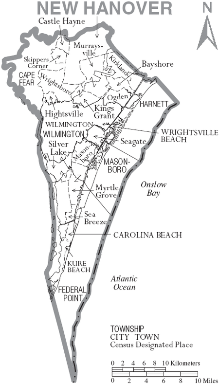 Map of New Hanover County, North Carolina With Municipal and Township Labels