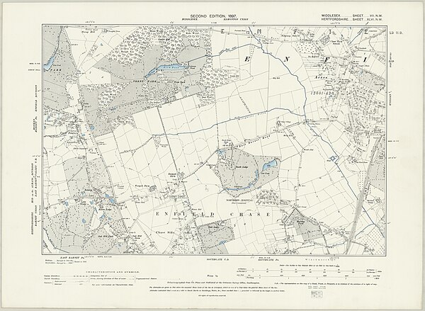 Part of Enfield Chase in 1897. Trent Park is to the north. South Lodge (one of the three Enfield Chase Keeper's lodges) was redeveloped for housing in 1935-9. Eastpole Farm was demolished to allow the construction of the Piccadilly Line. To the east beyond World's End, the site of the former Old Park Keeper's lodge is visible, surrounded by a moat. Reproduced with the permission of the National Library of Scotland https://maps.nls.uk/index.html Map of Part of Enfield Chase, 1897.jpg