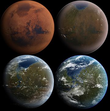 An artist's conception shows a terraformed Mars in four stages of development.