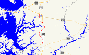 A map of northern Talbot County and southern Queen Anne's County, Maryland showing major roads. MD 662 consists of multiple sections along US 50 between Easton and Wye Mills.