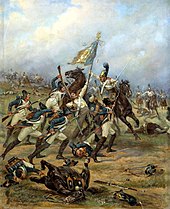 Fight for the flag between French line infantry and Russian Guard cuirassiers at the battle of Austerlitz (1805). Mazurovsky - Fight for the banner (1805), 1910-12.jpg