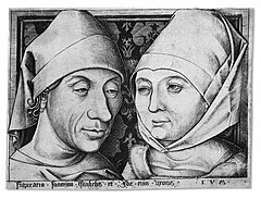 Delicate engraved lines of hatching and cross-hatching, not all distinguishable in reproduction, are used to model the faces and clothes in this late-fifteenth-century engraving