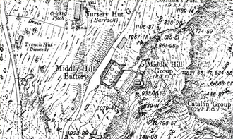 1908 OS map of Middle Hill Battery, on the Upper Rock in Gibraltar, including the Nursery Hut and the Middle Hill Group Middle Hill Battery OS map.png