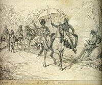 Tourists riding in panniers in France, in a drawing by Louis Hersent, 1833