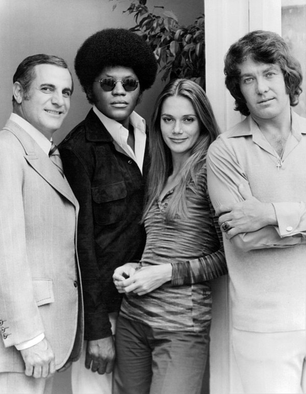 Peggy Lipton with fellow Mod Squad cast members Tige Andrews, Clarence Williams III, and Michael Cole.