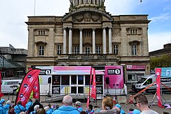 An overview of the Queen Victoria Square finishing area during the final stage of BBC Radio 1's Mollie King’s Pedal Power for Red Nose Day charity cycle event.