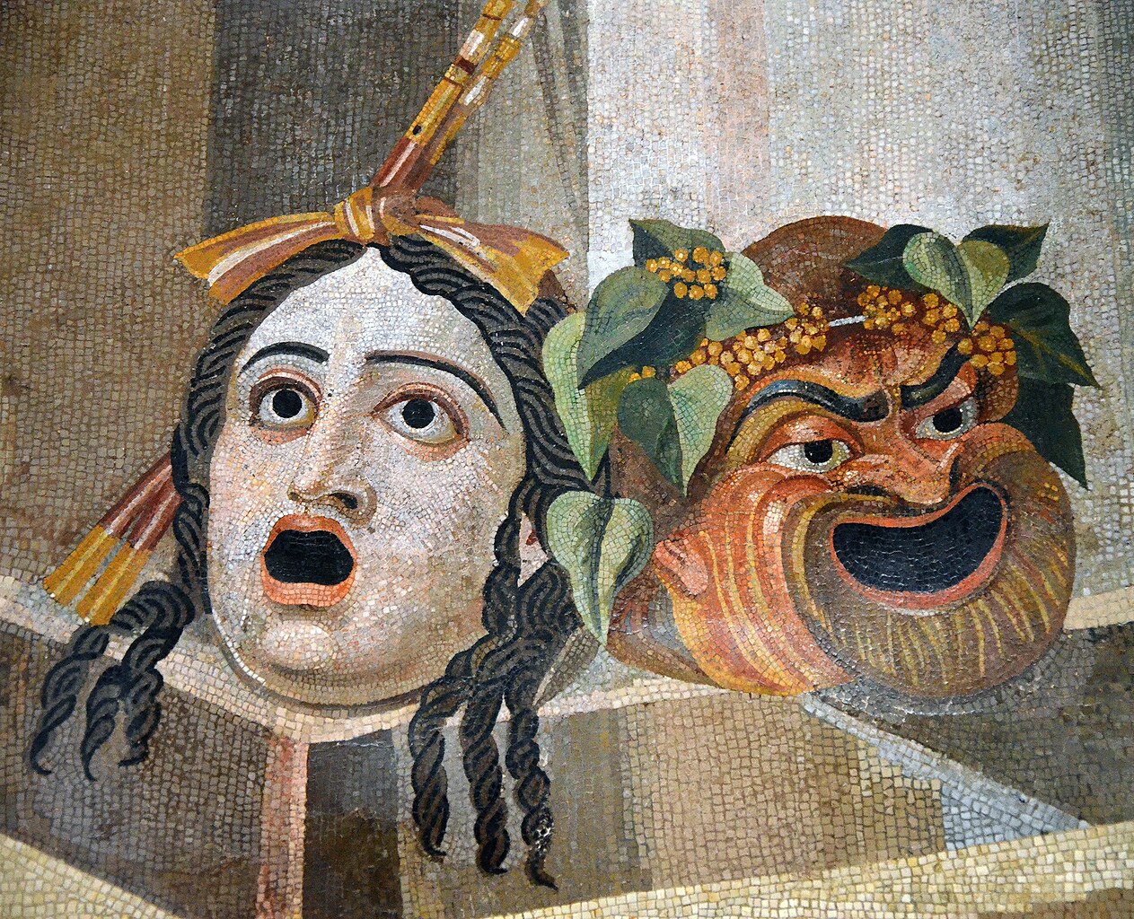 File:Mosaic depicting theatrical masks of Tragedy and Comedy