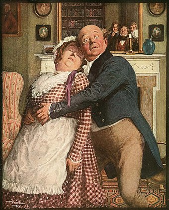 Mrs Bardell faints into the arms of Mr Pickwick - illustration by Frank Reynolds (1910)