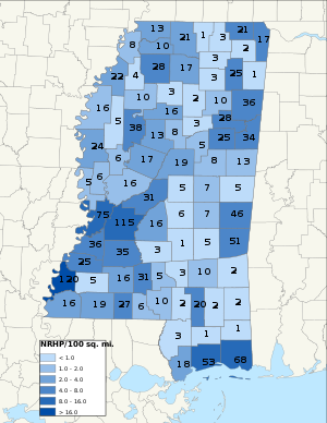 Distribuição de NRHPs nos condados no Mississippi.
