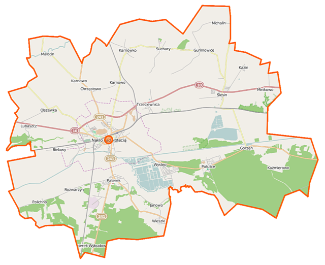 Mapa konturowa gminy Nakło nad Notecią, blisko centrum na lewo znajduje się punkt z opisem „Nakło nad Notecią”