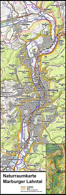 Ockershausen und Stadtwald westlich der Altstadt am linken Kartenrand mit Bergen und Naturräumen