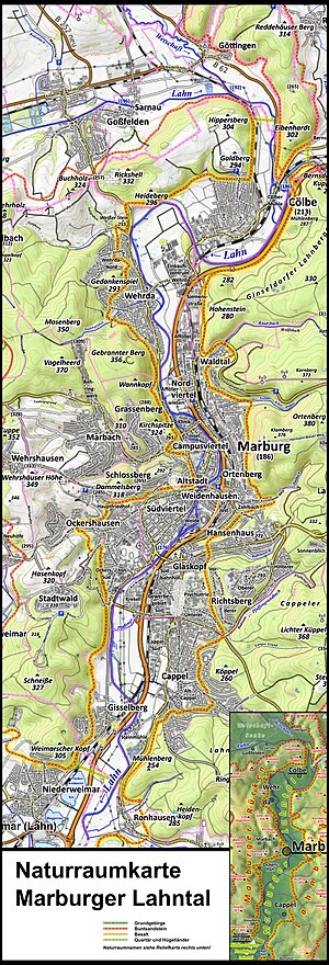 map of Ockershausen and Stadtwald, West of river Lahn and old town of Marburg Naturraumkarte Marburger Lahntal.jpg