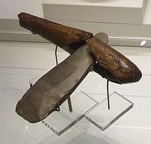 Neolithic stone axe from Langdale Neolithic stone axe with handle ehenside tarn british museum.JPG