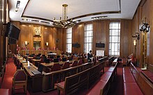 The courtroom of the Supreme Court of Canada in Ottawa, Ontario. In 1999, the Court ruled in Baker v Canada (Minister of Citizenship and Immigration) that the requirements of natural justice vary according to the context of the matter arising. ON-CourSupreme 20090606-164356 panoramique.jpg