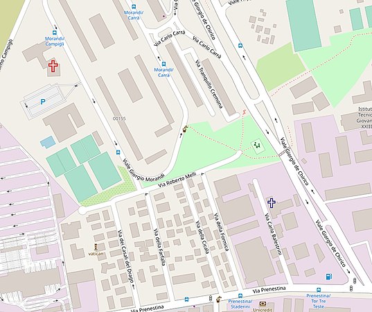 San Cirillo Alessandrino. Den nya kyrkan (rött kors) och den gamla kyrkan (blått kors) på en karta från år 2019.