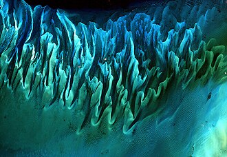 Underwater dunes, Bahamas. Tongue of the Ocean is just above this closeup. Photo: NASA Ocean Sand, Bahamas (5638320778).jpg