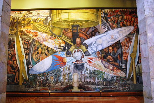 Mexican painter Diego Rivera's fresco, Man at the Crossroads served as an inspiration for Nallasivam's painting to indicate the atrocities committed b