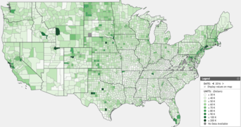 Per capita annual income by county, USA. Hvid: <30.000$, mørkgrøn >51.000$.