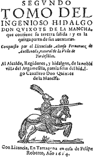 A page titled 'SEGVNDO / TOMO DEL / INGENIOSO HIDALGO / DON QVIXOTE DE LA MANCHA...' illustrated with a mounted knight charging.