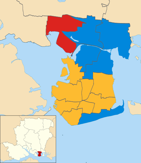 Map of the results of the 2010 Portsmouth council election. Liberal Democrats in orange, Conservatives in blue and Labour in red.