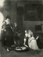 Fish seller and a servant in an interior with a young woman picking fish