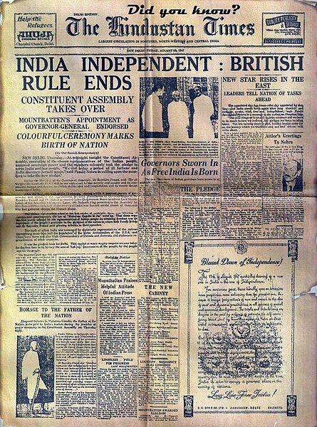 File:Rare photograph of Hindustan Times Newspaper when India got its Independence from Britishers..!!.jpg