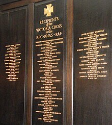 Photograph of the roll of honour to British airmen in St. Clement Danes Recipients of the VC in the RFC-RNAS-RAF.jpg