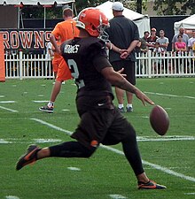 Hodges in Browns training camp in 2012 Reggie Hodges practicing punting.jpg