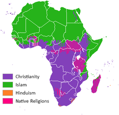 A map showing religious distribution in Africa Religion distribution Africa crop.png