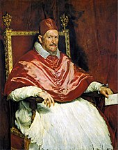 Velazquez, portrait painting of Pope Innocent X, c. 1650 Retrato del Papa Inocencio X. Roma, by Diego Velazquez.jpg
