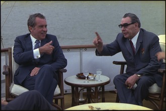 Richard Nixon and Leonid Brezhnev aboard the USS Sequoia, June 19, 1973 Richard M. Nixon and Leonid Brezhnev aboard the Sequoia - NARA - 194518.tif