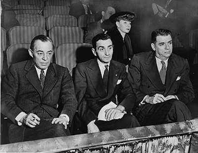 Rodgers (left) and Hammerstein (right), with Irving Berlin (middle) and Helen Tamiris, watching auditions at the St. James Theatre in 1948