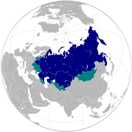 Hemisphere view of countries where Russian is an official language and countries where it is spoken as a first or second language by at least 30% of the population but is not an official language