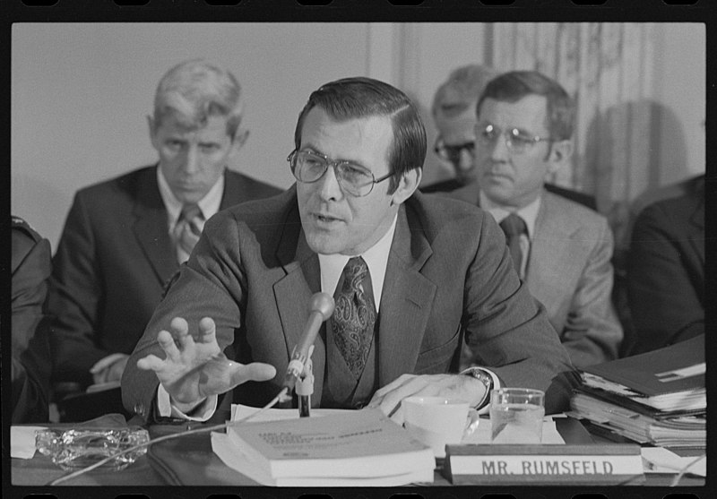 File:Secretary of Defense Donald Rumsfeld testifying at a Senate hearing on the Defense Department budget.jpg