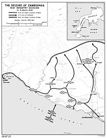 Zamboanga Peninsula operations until 31 March Seizure of Zamboanga Map from Triumph in the Philippines.jpg