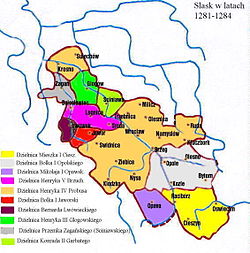 Slezsko v roce 1284: vévodství Lwowek v bordové barvě