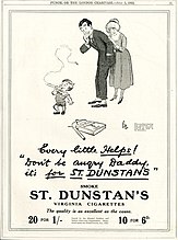 In a 1922 ad, a small child, smoking a cigarette, tells his amused parents not to worry, as he is smoking for a veteran's charity. Children were often used in early cigarette ads, where they helped normalize smoking as part of family living, and gave associations of purity, vibrancy, and life.[66]