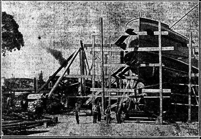 Kanangra under construction with Port Jackson and Manly Steamship Company ferry, Balgowlah (right) and sister Kirawa, May 1912