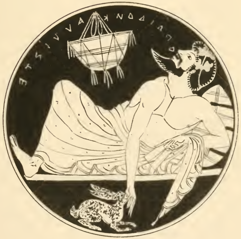 A kylix from Tanagra, Boeotia, 5th century B.C. A symposiast sings ὦ παίδων κάλλιστε, the beginning of a verse by Theognis