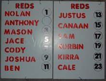 Example tee-ball roster sign that is displayed so the fans can cheer the kids by name. Tee ball sign.PNG