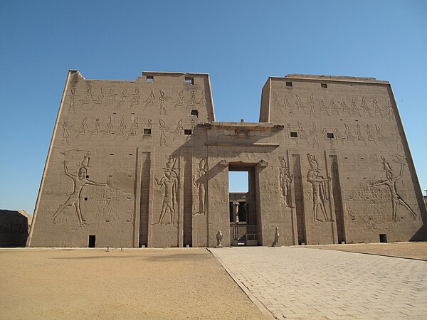 The main entrance of Edfu Temple showing the first pylon