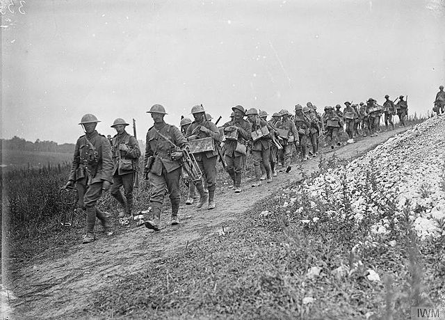 Bomb carrying party of the 1st Battalion, Sherwood Foresters going up to the front line at La Boisselle, France, 6 July 1916.